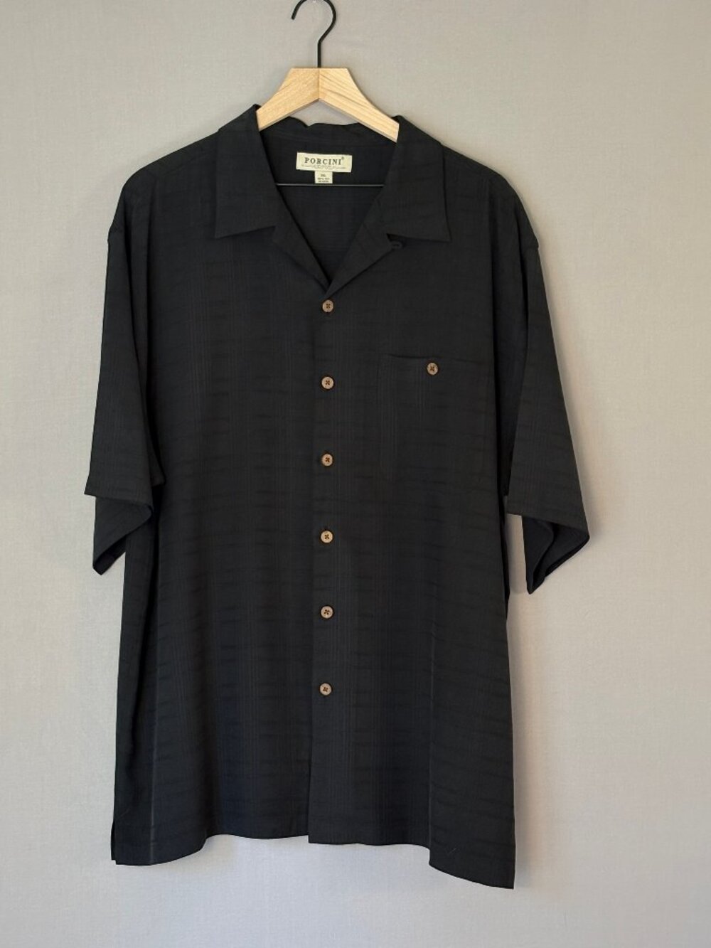 Porcini 100% Silk Button Front Shirt Black Textured Camp Collar XXL